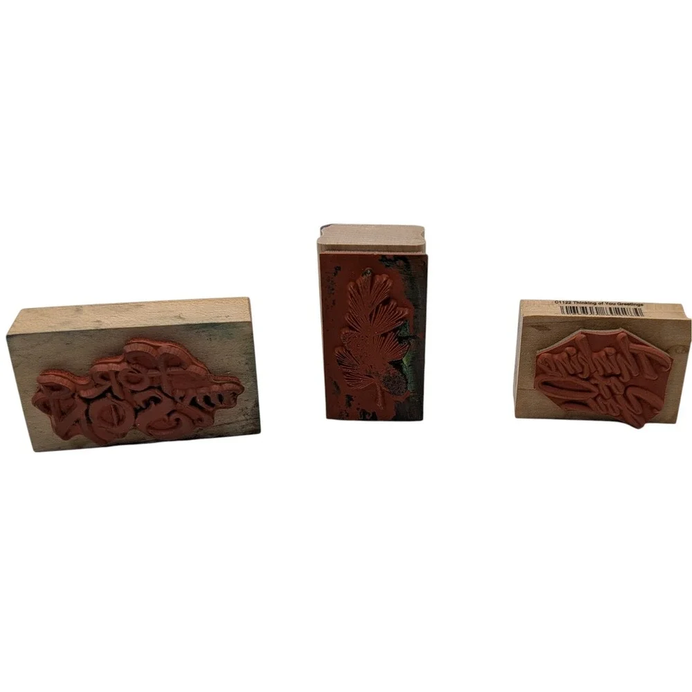 Vintage Wood Mounted Rubber Stamp Set Holidays Sayings Craft Seven Piece Set SEE
